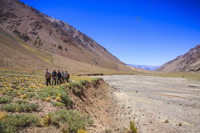 December 30, 2017: Mountaineers approaching Aconcagua Base Camp, Plaza de Argentina, Mendoza, Argentina