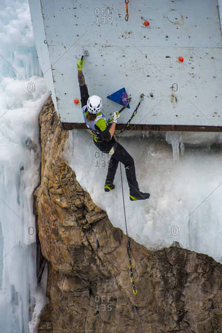 January 20, 2018: Climber ascending climbing wall, Colorado, USA