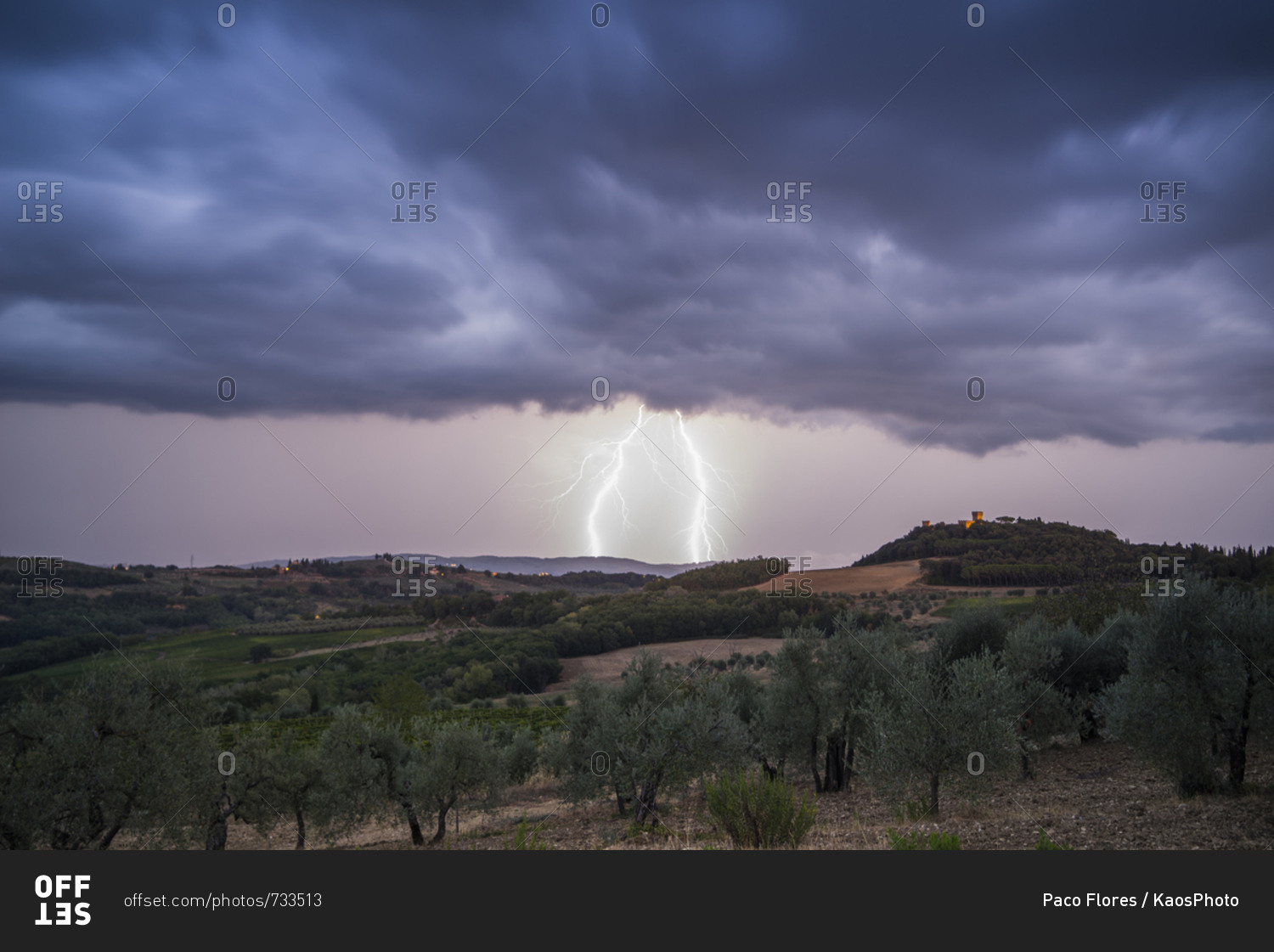 Italy, Tuscany, Certaldo . storm above Santa Maria Novella Castle. Certaldo is a town and comune of Tuscany, Italy, in the Metropolitan City of Florence, in the middle of Valdelsa. It is about 35 kilometers (22 mi) southwest of the Florence Duomo. It was 