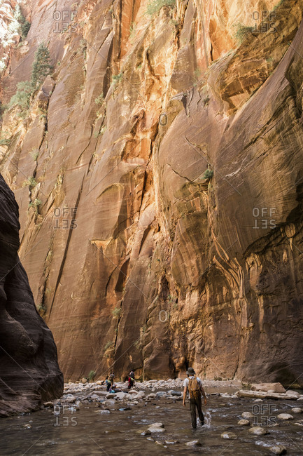 Man hiking through the narrows Zion National Park
