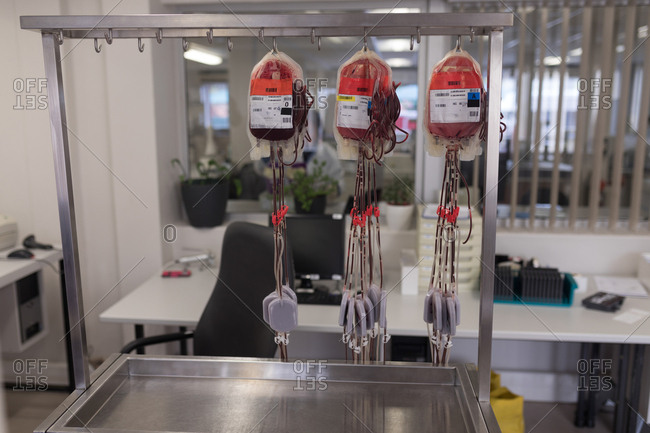 Blood bags hanging on serum hanger n blood bank