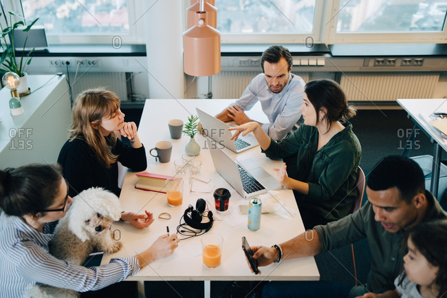 High angle view of business people sitting with boy and dog at desk in creative office
