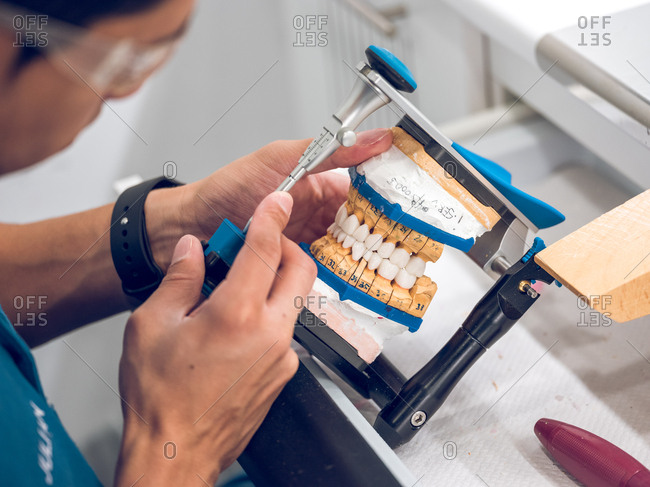 Dental technician holding artificial teeth on holder