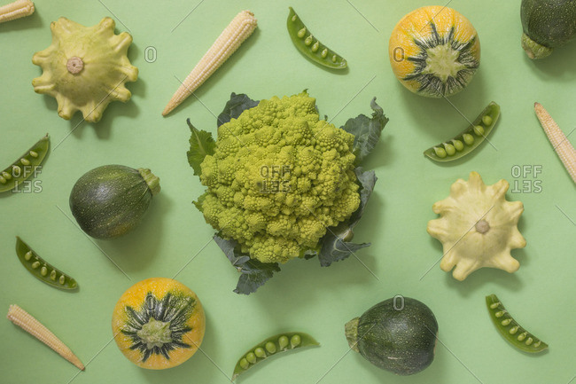 Romanesco broccoli surrounded by fresh summer vegetables