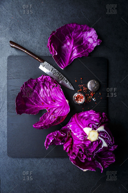 Raw red cabbage with chili flakes and salt overhead