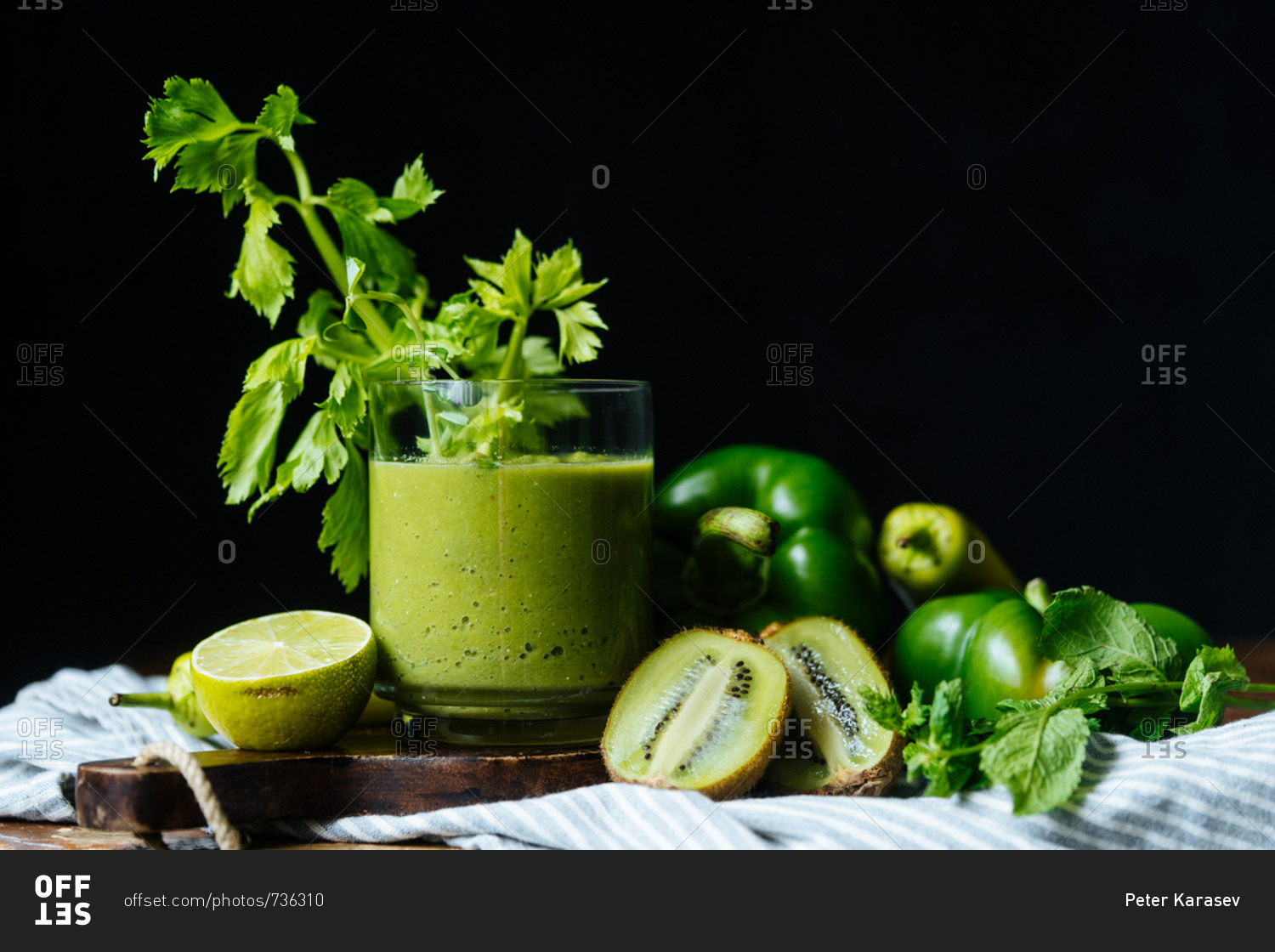 Healthy green smoothie and fruit and veggies
