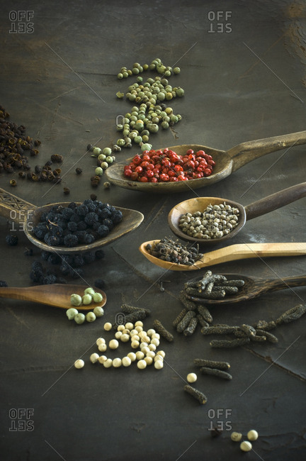 Various sorts of pepper on spoons