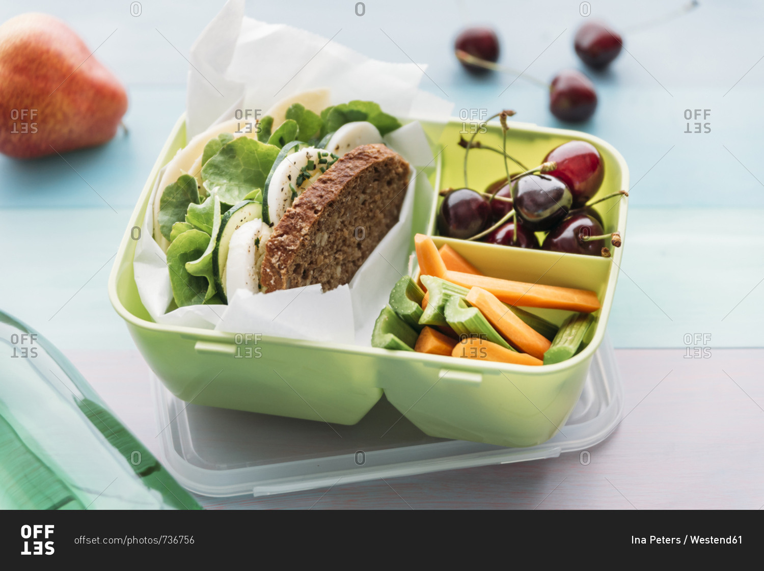 Healthy school food in a lunch box- vegetarian sandwich with cheese- lettuce- cucumber- egg and cress- sliced carrot and celery- cherries and pear