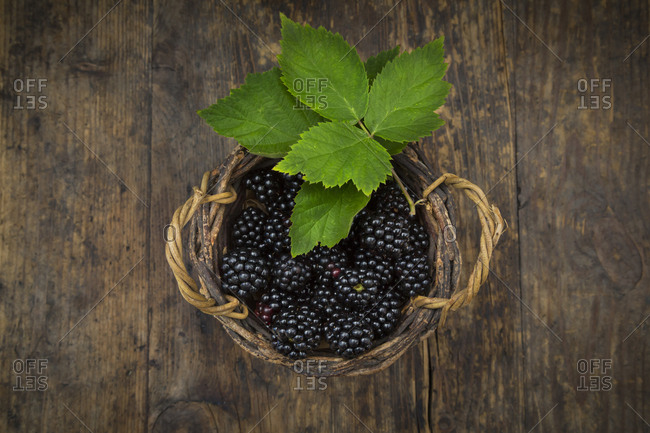 Wicker basket of organic blackberries on wood