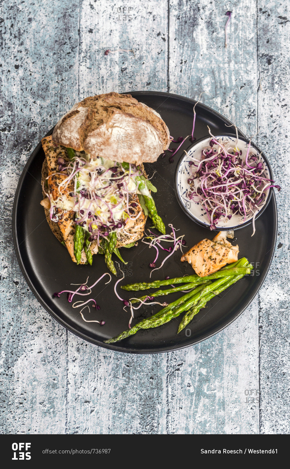 Salmon burger with green asparagus and red cress on plate
stock photo - OFFSET