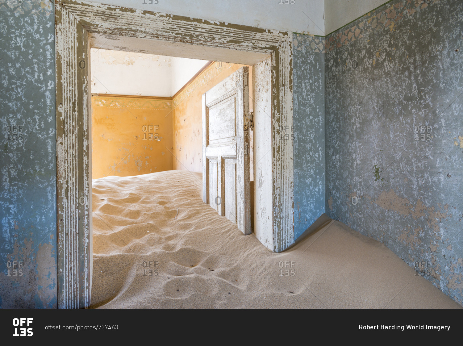 The interior of a building in the abandoned diamond mining ghost town of Kolmanskop, Namibia, Africa