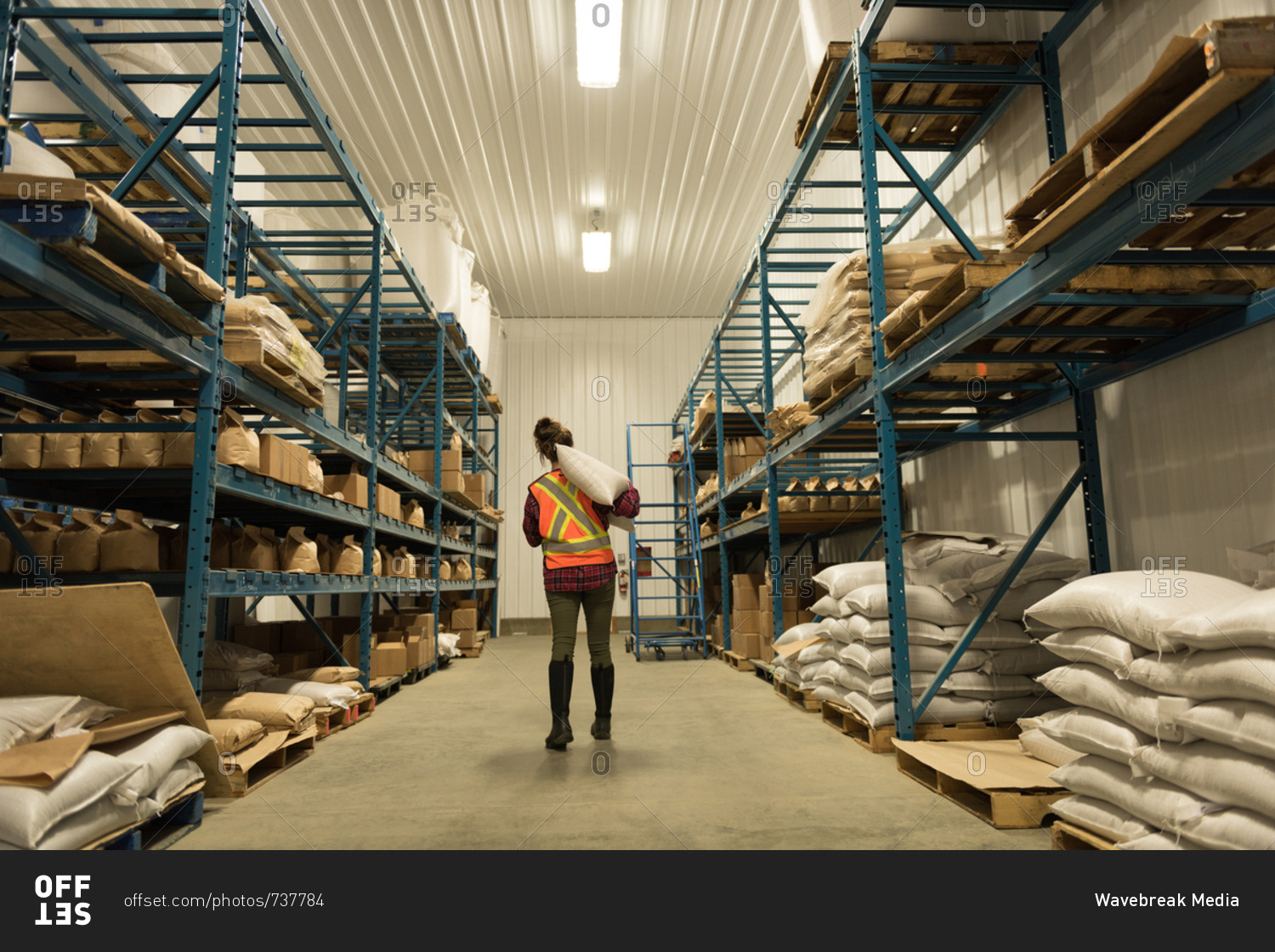 Rear view of female worker carrying bulk bag at warehouse