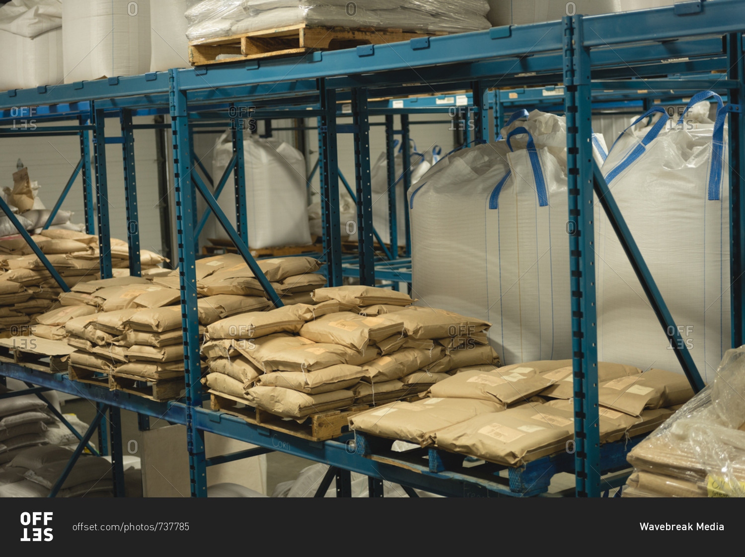 Grains in paper bags at warehouse