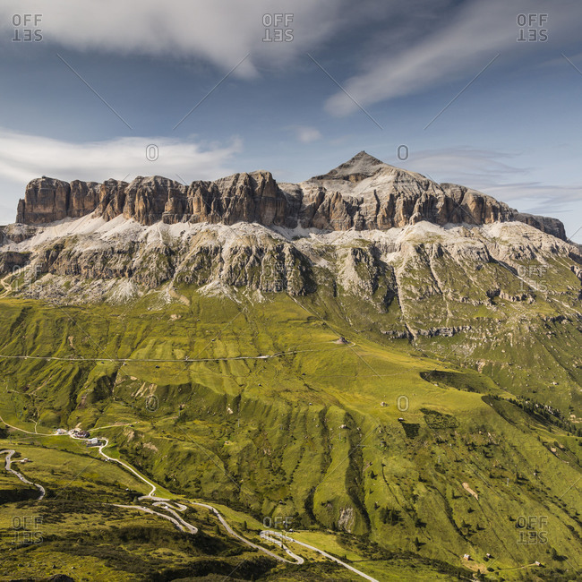 Sunrise from Pordoi plateau, Sella group, Piz Boé, mountains in