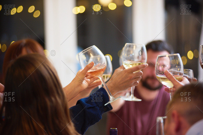 Friends toasting at dinner party