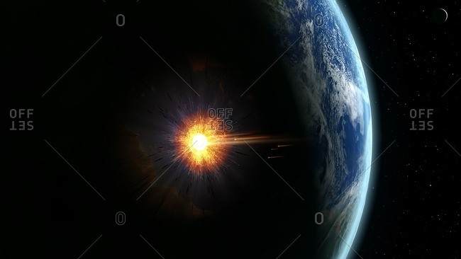 Illustration of a large asteroid colliding with Earth on the Yucatan Peninsula in Mexico