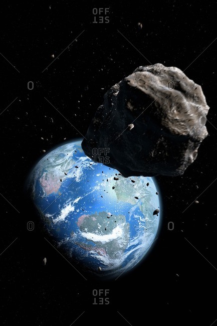 Illustration of an asteroid approaching the Cretaceous Earth, poised to exterminate the dinosaurs