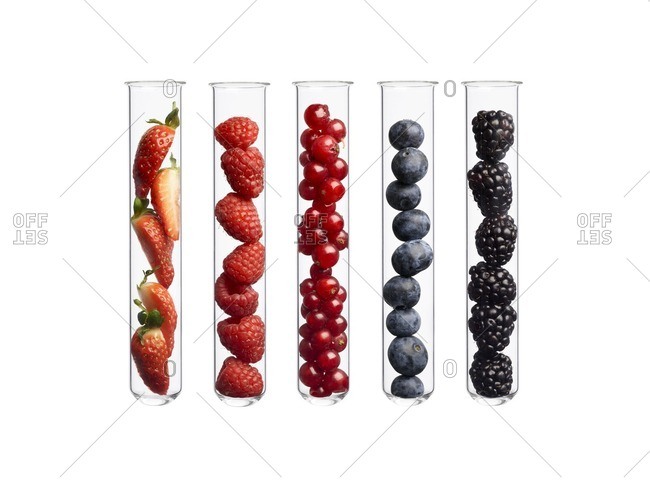 Berries in test tubes, studio shot.