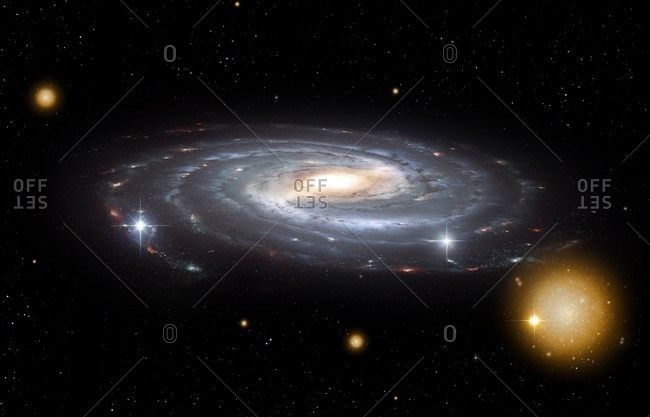 Illustration of the Milky Way Galaxy seen from an oblique vantage point. Shown are the central bar, spiral arms and several globular clusters.