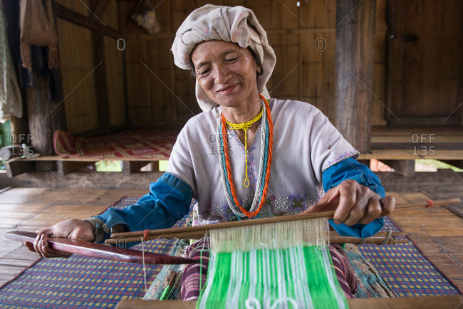 August 19, 2018: Karen Traditional Weaving by Karen Woman in Chiang Mai, Thailand.