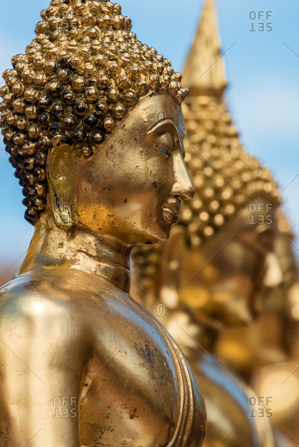 Bright shiny statues of golden Buddha placed in row, Thailand