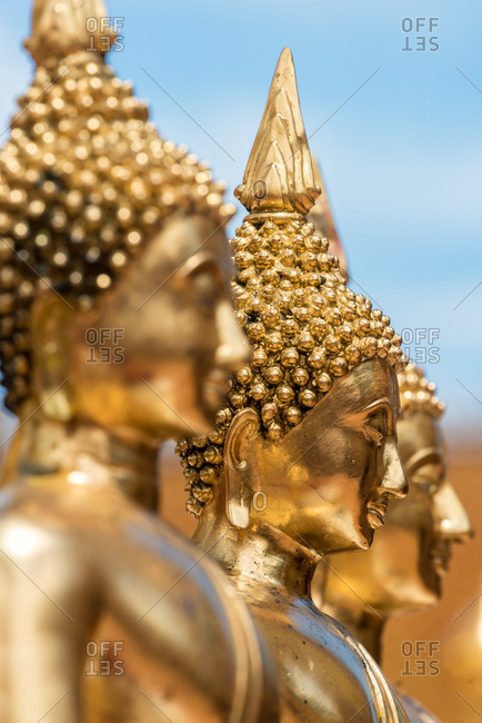 Bright shiny statues of golden Buddha placed in row, Thailand