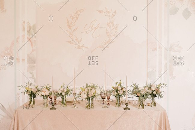 Head table, wedding decor in pink. the table of the bride and groom