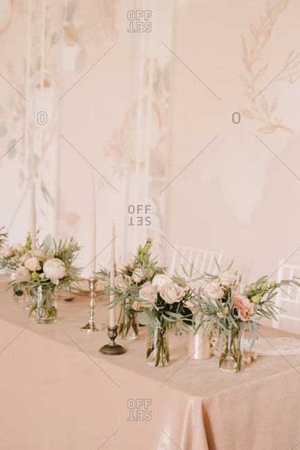 Head table, wedding decor in pink. the table of the bride and groom