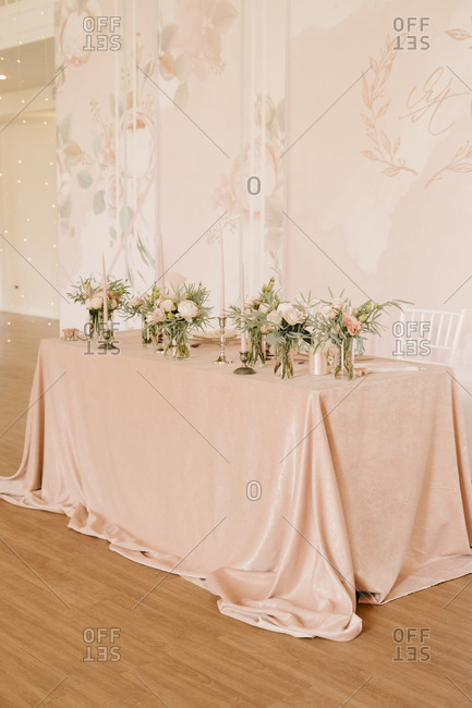 Head table, wedding decor in pink. the table of the bride and groom