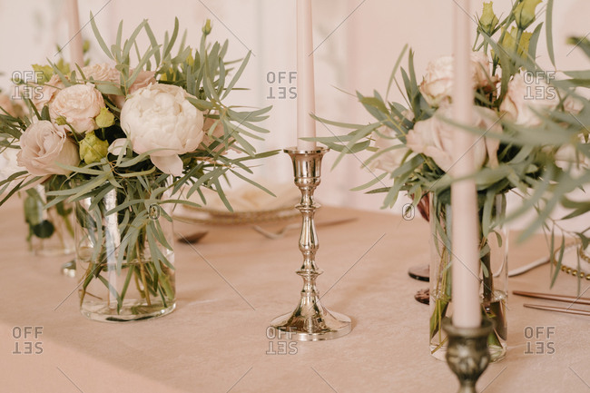 Head table, wedding decor in pink. the table of the bride and groom