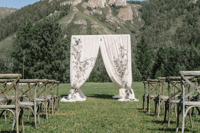 Wedding Ceremony With A Square Arch And Wooden Chairs Rustic Wedding In Nature Mountain And Forest View Stock Photo Offset