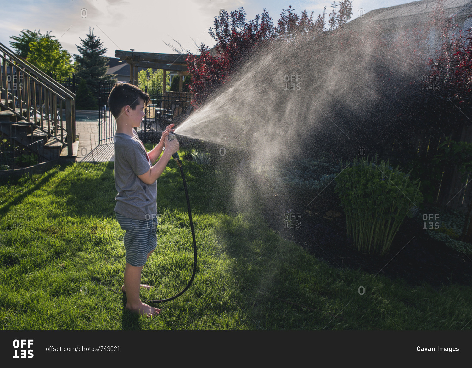 Side view of boy watering plants with garden hose at backyard
