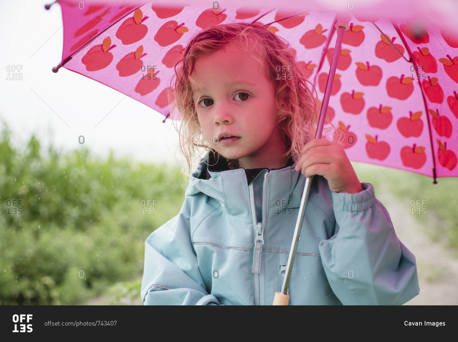 Portrait of cute girl carrying pink umbrella while standing against plants during rainy season