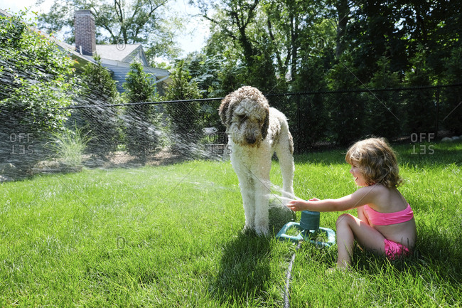 Side view of playful girl spraying water on dog with sprinkler at yard