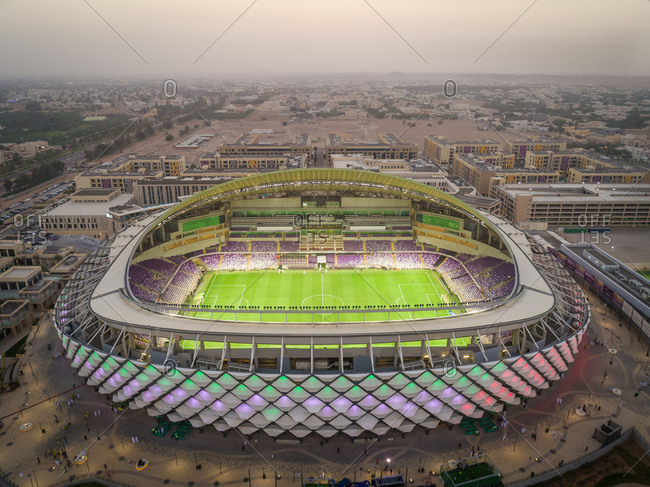 March 29 18 Aerial View Of Multicolored Hazza Bin Zayed Stadium In Abu Dhabi Uae Stock Photo Offset