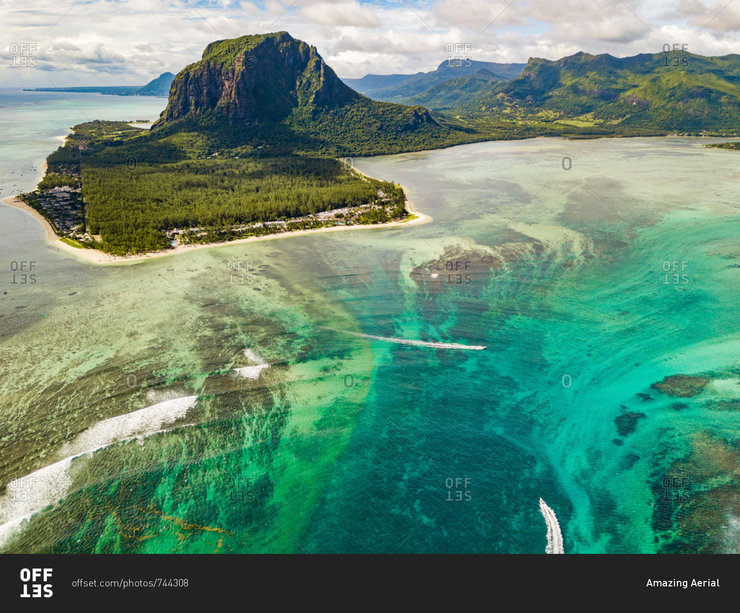 Aerial view of Indian Ocean and Le Morne, Riviere Noire District ...