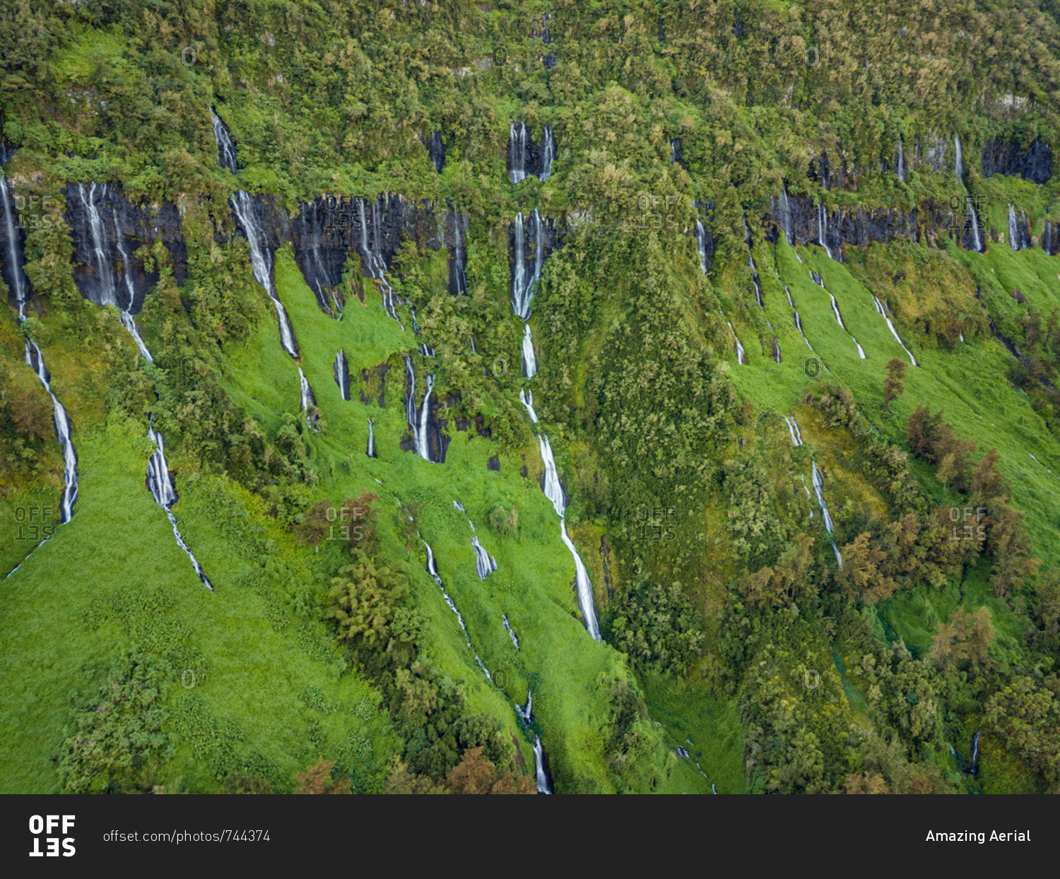 Aerial view of Voile de la Mariee waterfall, Reunion island.