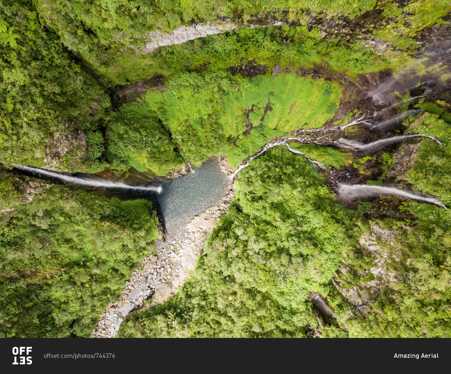 Aerial view of voile de la Mariee waterfall, Reunion island.