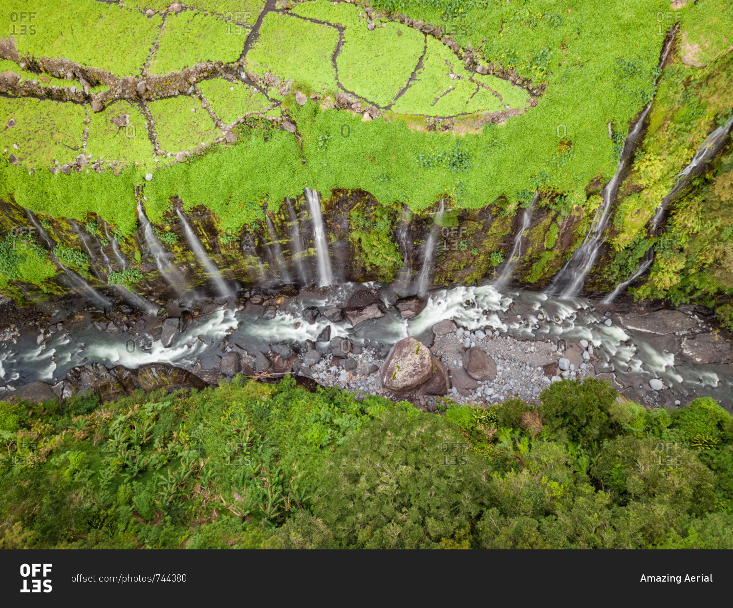 Aerial view of Voile de la Mariee waterfall, Reunion island.