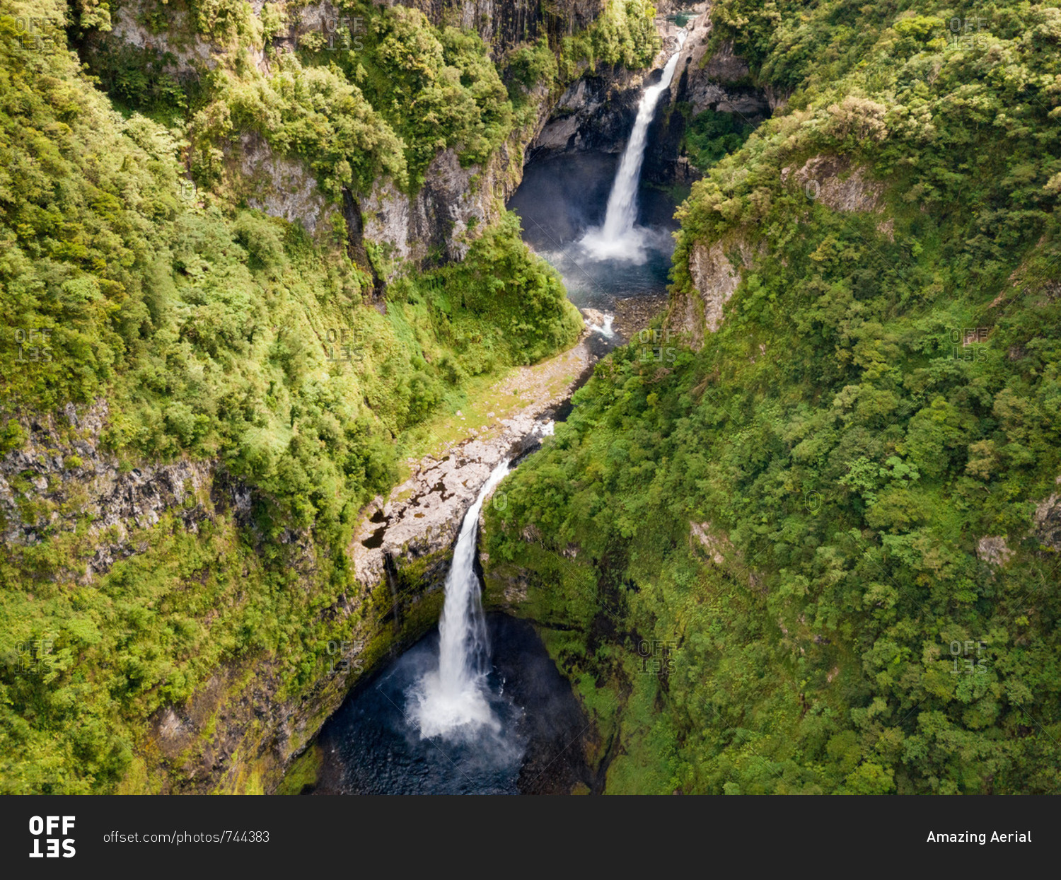 Aerial view of two waterfalls in Foret Departementale du Cratere, Reunion.