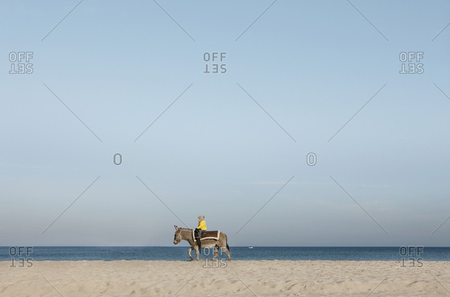 Girl riding donkey on beach, Wiendorf, Mecklenburg-Vorpommern, Germany
