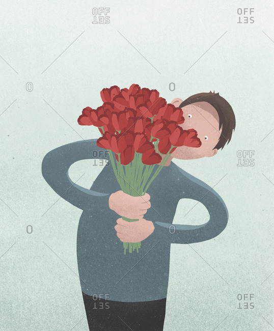 Man holding Valentines Day red tulip bouquet