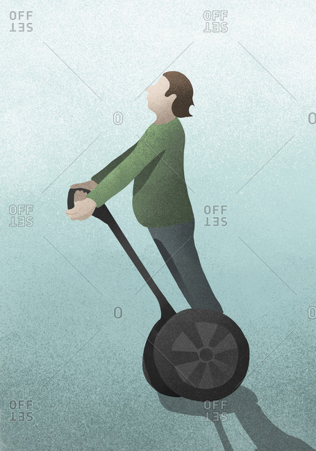 Man riding Segway scooter on blue background
