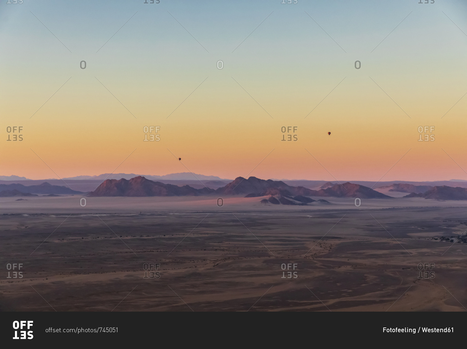 Africa- Namibia- Namib desert- Namib-Naukluft National Park- Aerial view of desert dunes in the morning light- air balloons