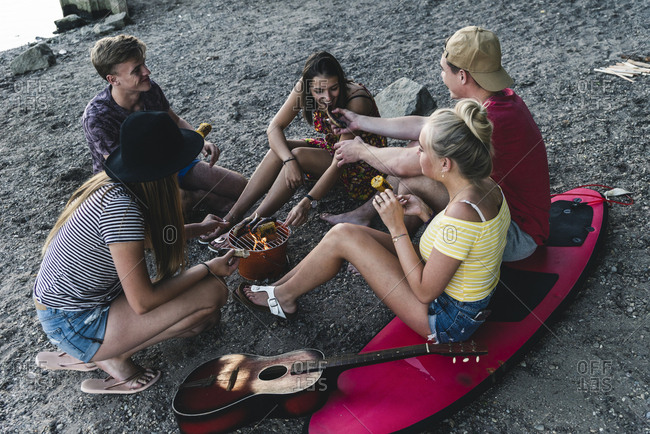 Group of friends sitting together having a barbecue