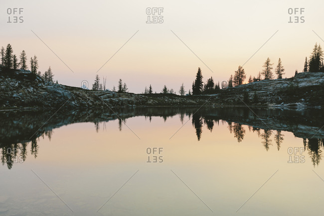 Alpine lake at dusk, Snowy Lakes, along the Pacific Crest Trail, North Cascades, Washington