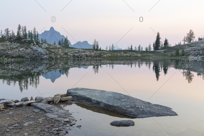 Alpine lake at dusk, Snowy Lakes, along the Pacific Crest Trail, North Cascades, Washington