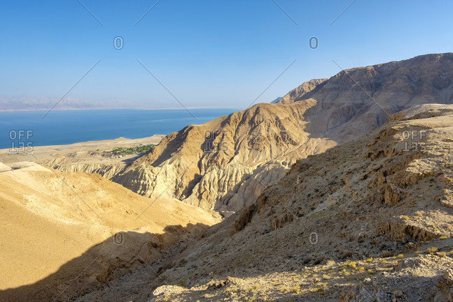 Majestic natural scenery of Judean Desert and Dead Sea near Metzoke Dragot, West Bank, Palestine