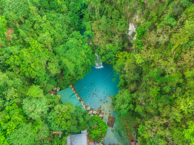 Aerial View Of People Swimming In Pool By Kawasan Falls In Alegria Philippines Stock Photo Offset