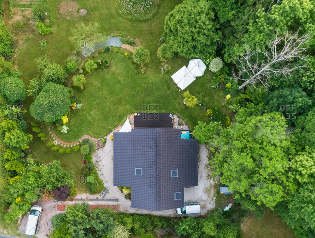 Aerial view of private residential home and garden in Correze, France.